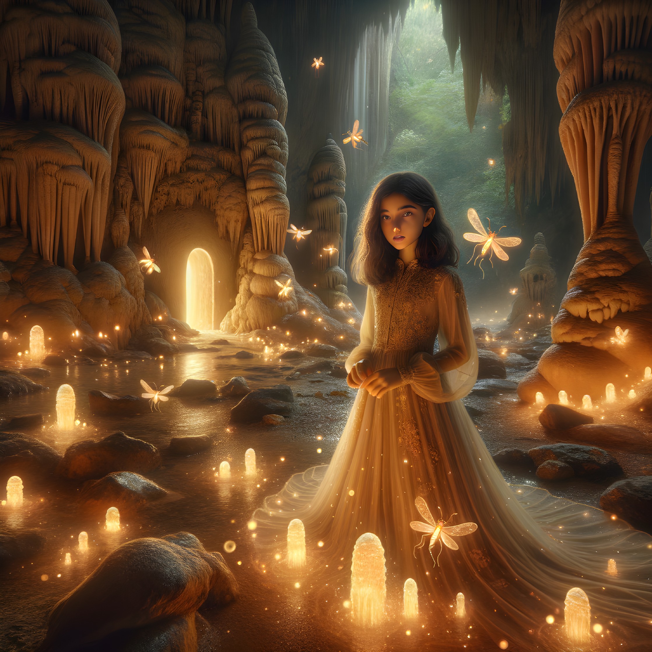 Mystical Cave with Crystals and Fluttering Fairies