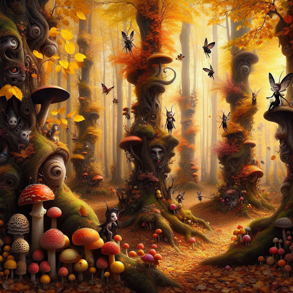 Whimsical Forest with Twisted Trees and Fairies