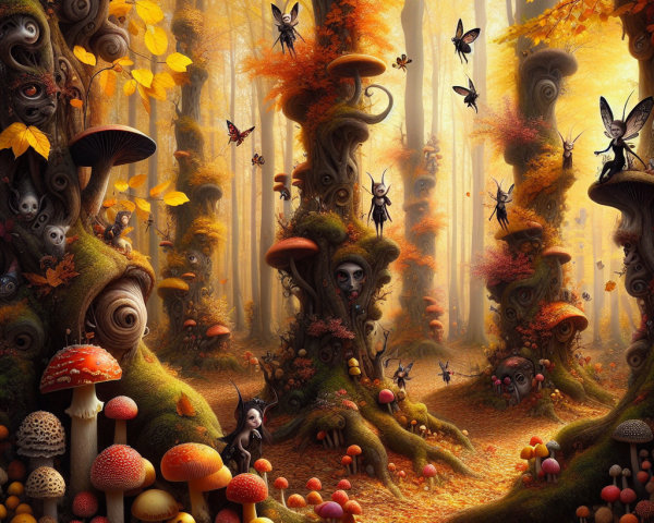 Whimsical Forest with Twisted Trees and Fairies