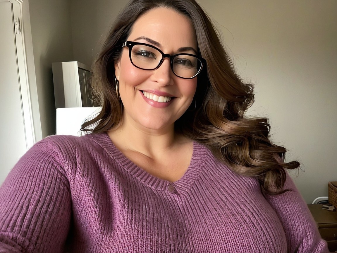 Woman in cozy purple sweater with warm smile