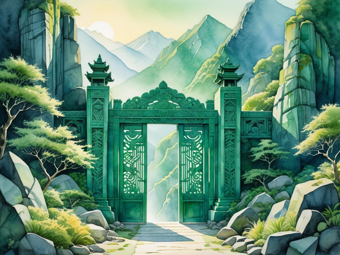 Ornate Green Gate with Mountain and Valley Background