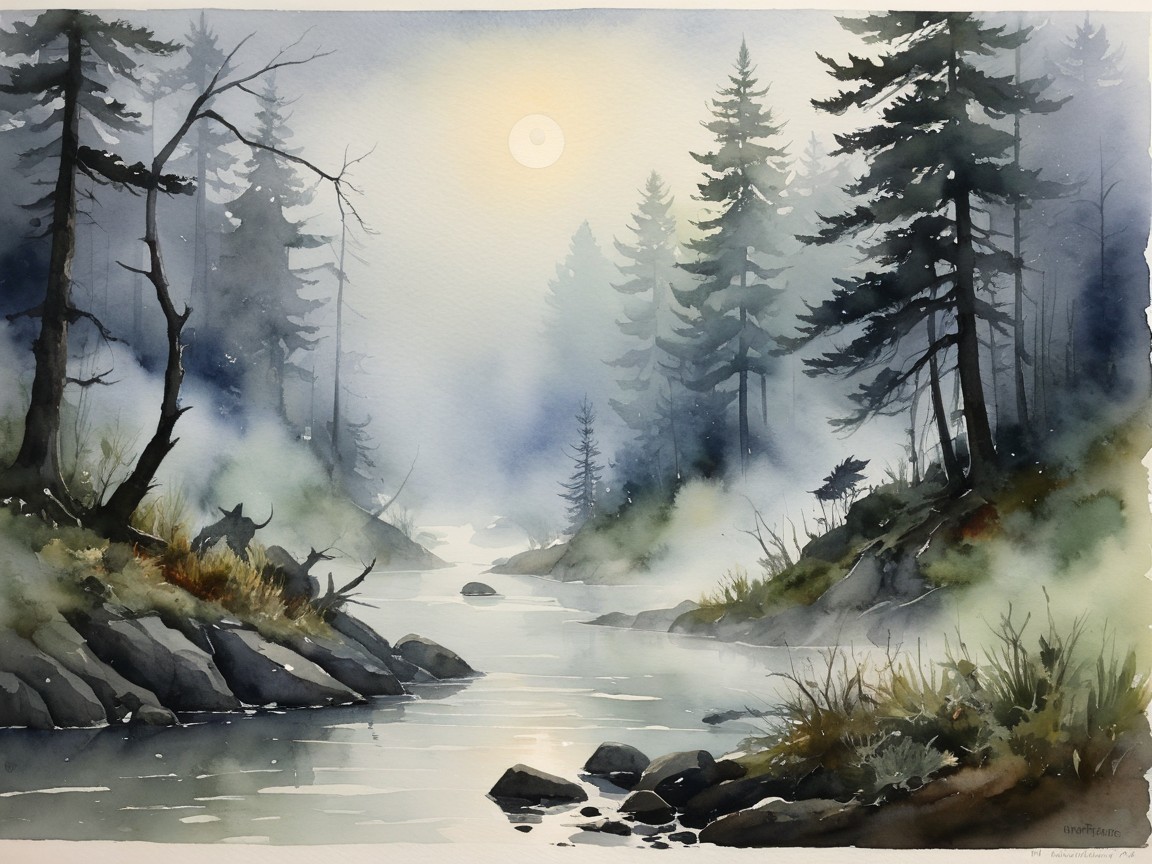 Misty River Landscape with Evergreen Trees in Watercolor