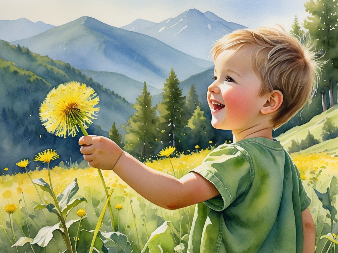 Child in a field of dandelions with bright flower