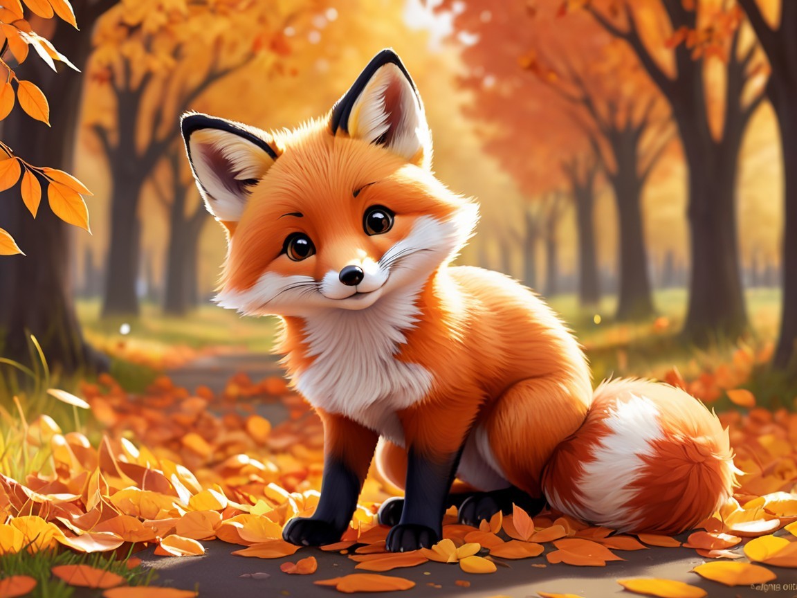 Stylized fox on a path with autumn leaves