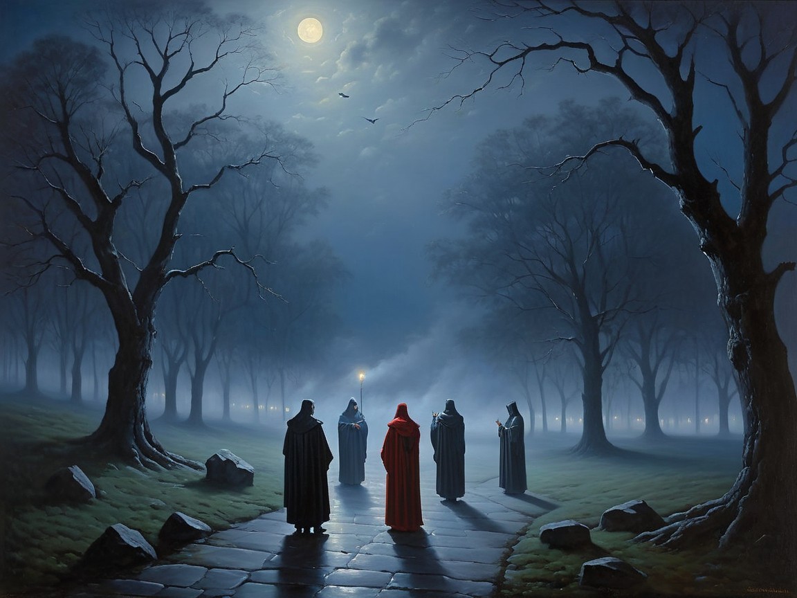 Cloaked Figures Gather in Dim Forest Under Full Moon