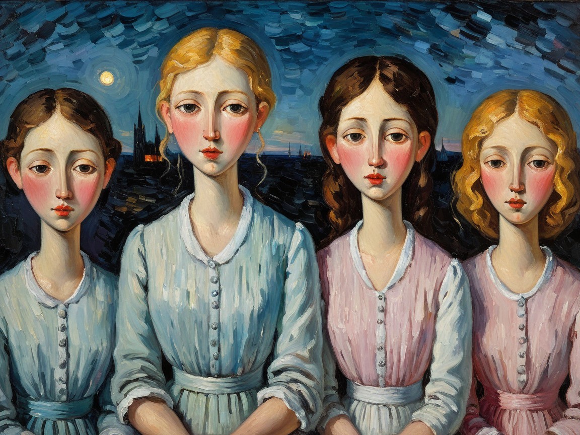 Four Women in Pastel Dresses Under Moonlit Sky