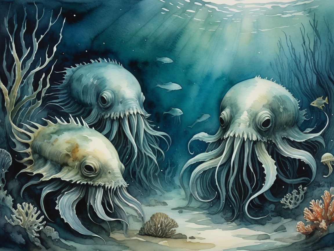Underwater Scene with Fantastical Fish-Octopus Creatures