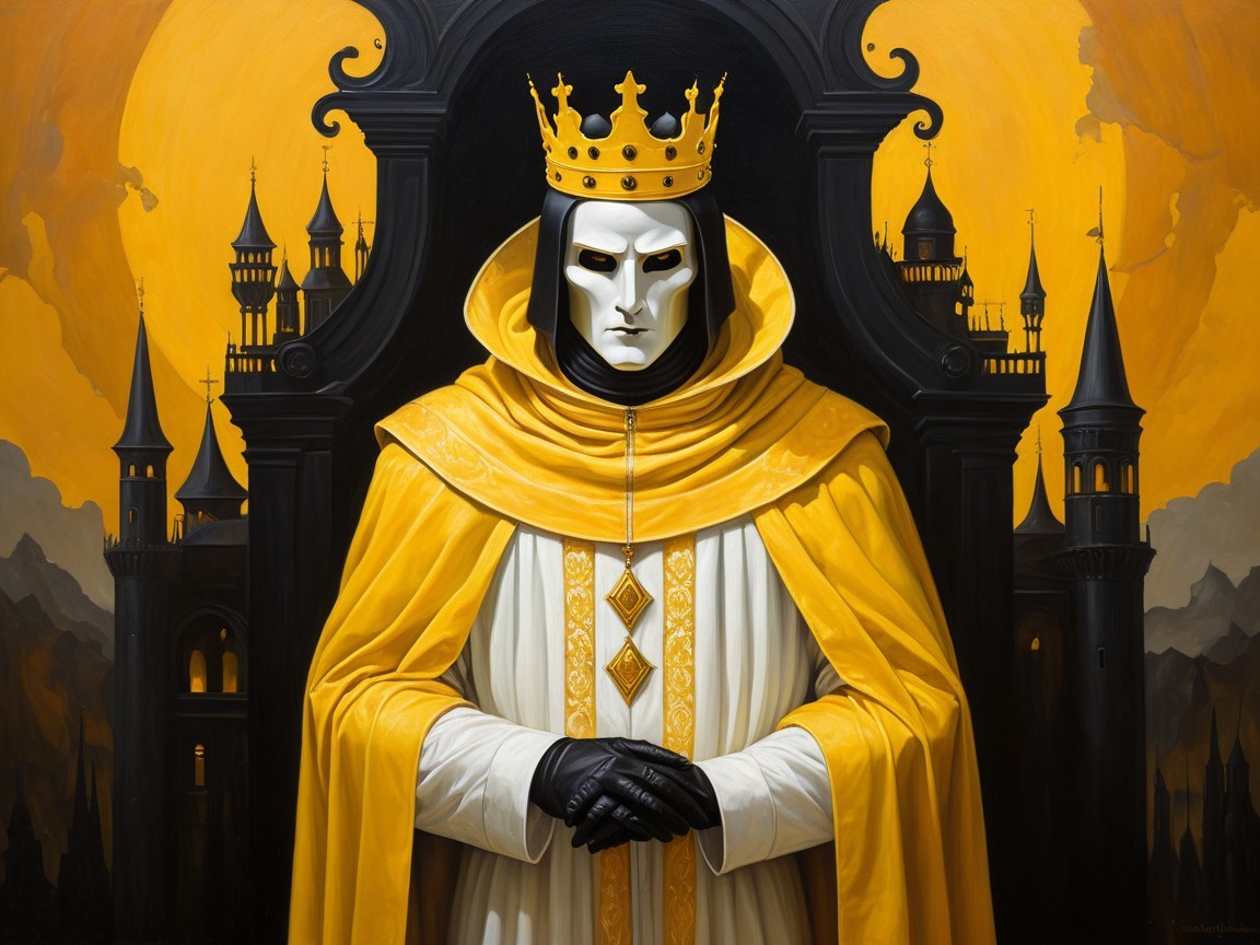 Regal figure in yellow cape and white robes with mask