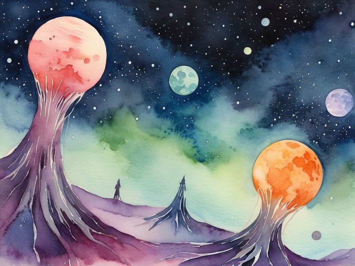 Surreal Galaxy Landscape with Celestial Bodies and Mountains
