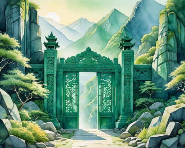 Ornate Green Gate with Mountain and Valley Background