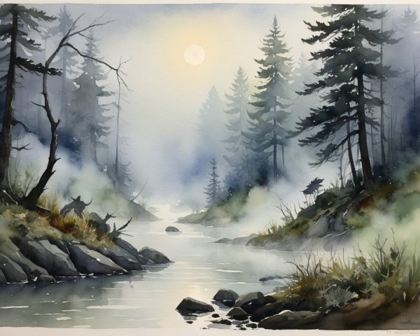 Misty River Landscape with Evergreen Trees in Watercolor