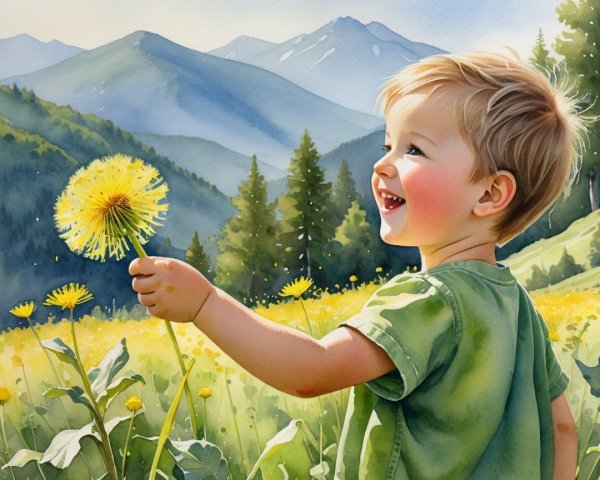 Child in a field of dandelions with bright flower