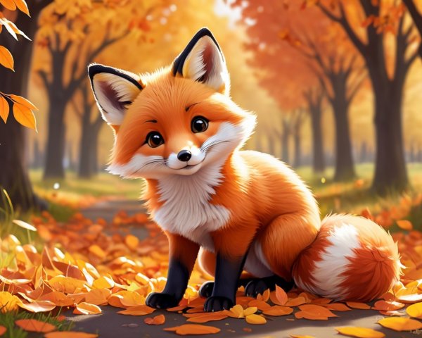 Stylized fox on a path with autumn leaves