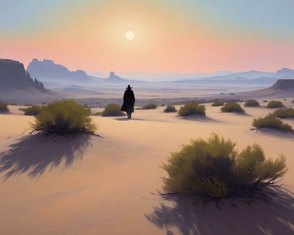 Solitary Figure in Expansive Desert at Sunset