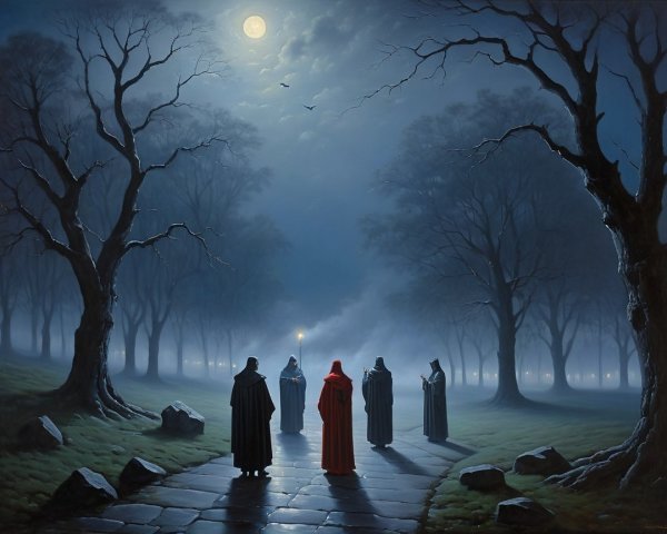 Cloaked Figures Gather in Dim Forest Under Full Moon