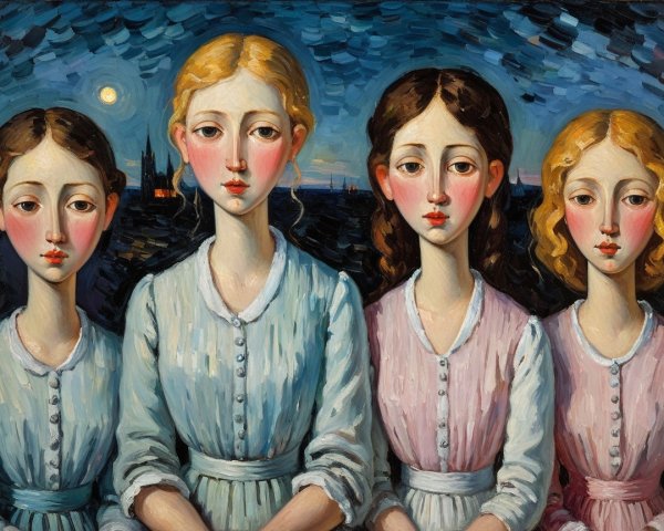 Four Women in Pastel Dresses Under Moonlit Sky