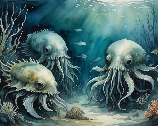 Underwater Scene with Fantastical Fish-Octopus Creatures