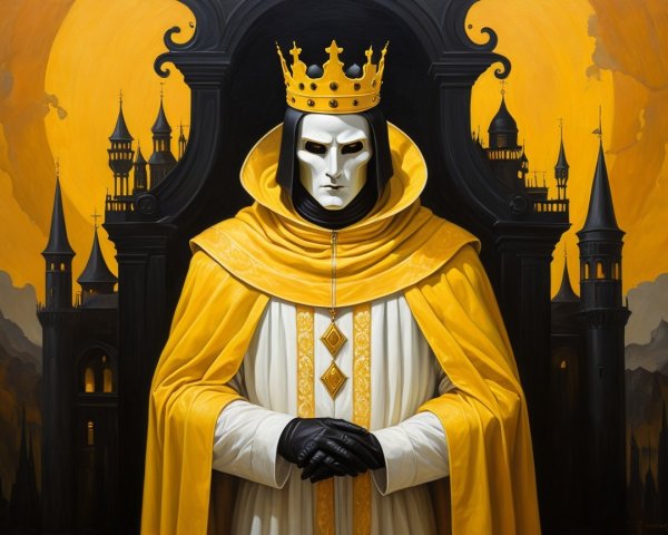Regal figure in yellow cape and white robes with mask