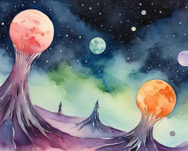 Surreal Galaxy Landscape with Celestial Bodies and Mountains
