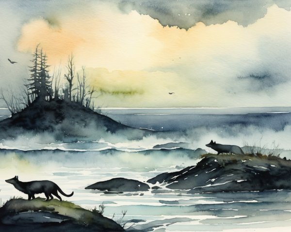 Watercolor Painting of Wolves on Rocky Shores
