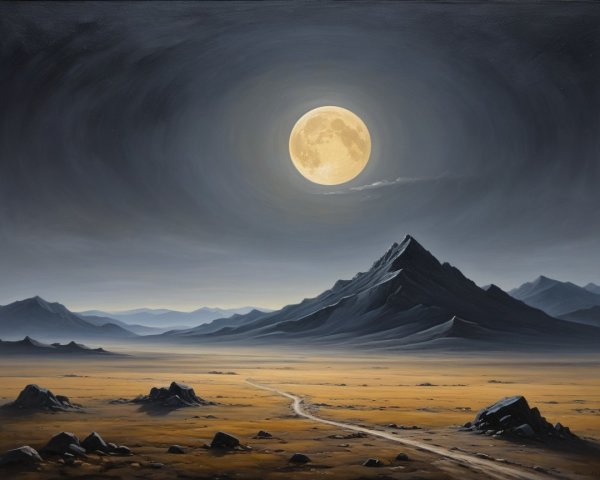 Serene Landscape with Full Moon Over Desert Terrain
