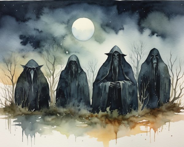 Watercolor of Cloaked Figures in Ethereal Landscape