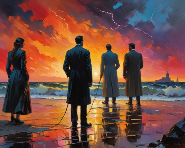 Dramatic Beach Scene at Sunset with Stormy Skies