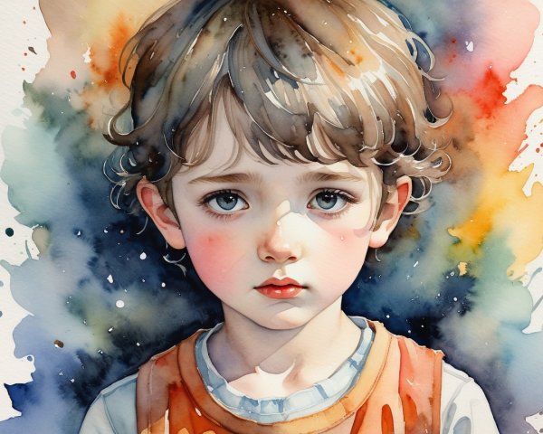 Watercolor Portrait of a Young Boy with Expressive Features