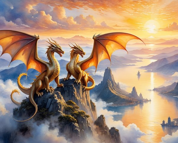 Dragons on Cliff Overlooking Sunset Sea and Mountains
