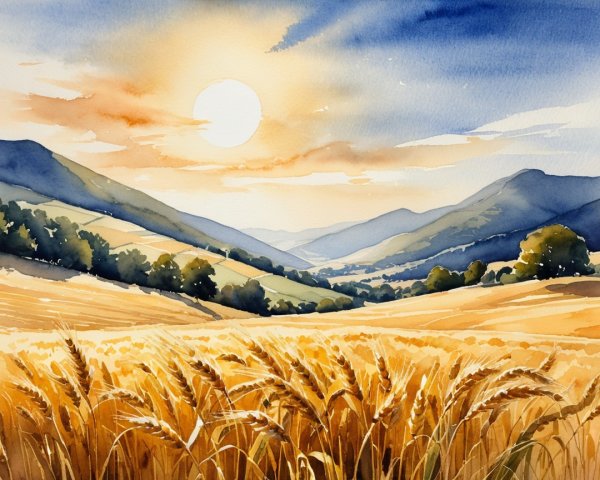 Serene Landscape of Rolling Hills and Golden Fields