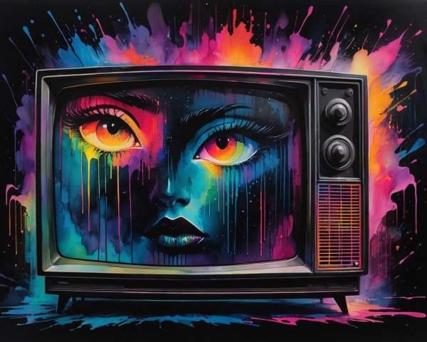 Vintage Television Set with Surreal Face Artwork