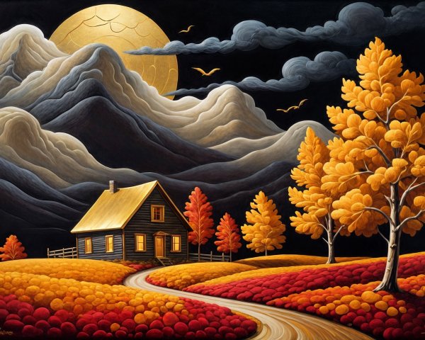 Cozy Black Wooden House in Autumn Landscape
