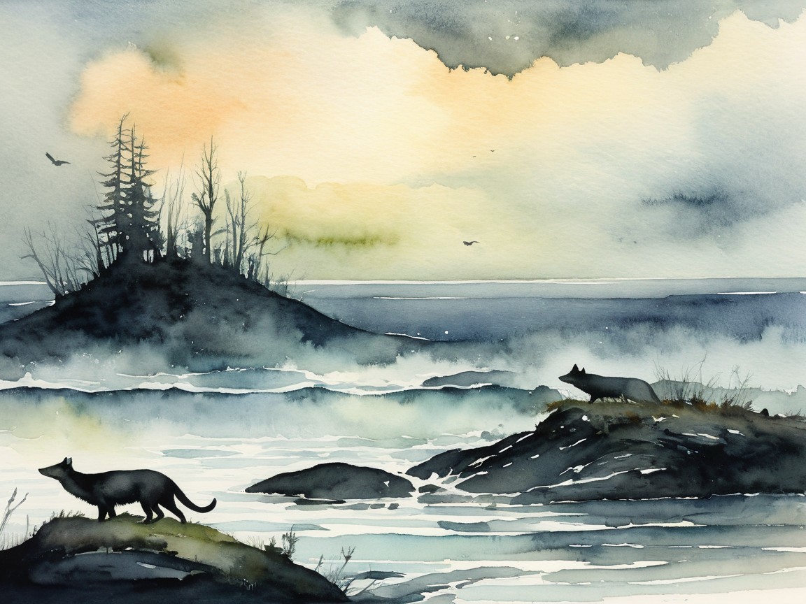 Watercolor Painting of Wolves on Rocky Shores