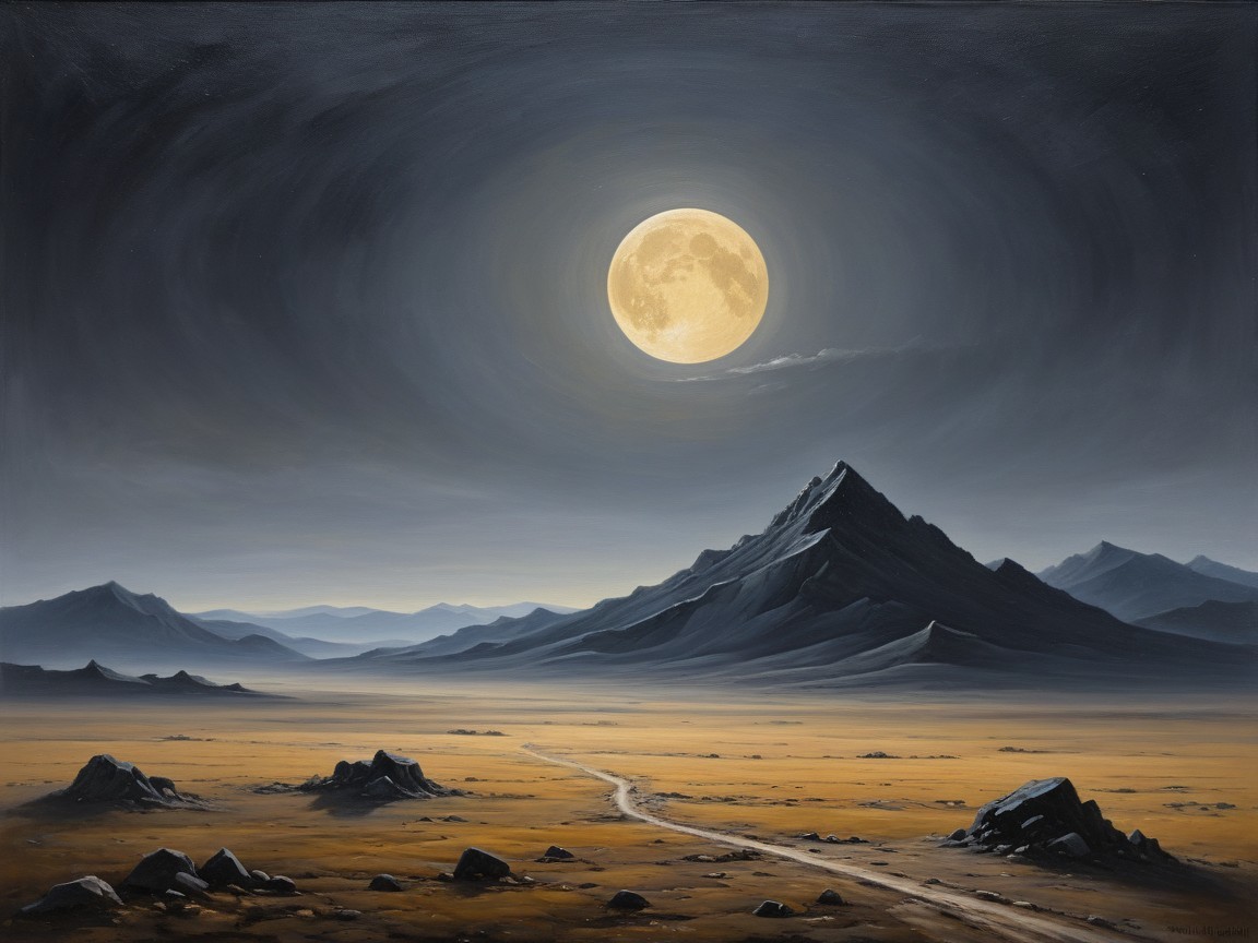 Serene Landscape with Full Moon Over Desert Terrain