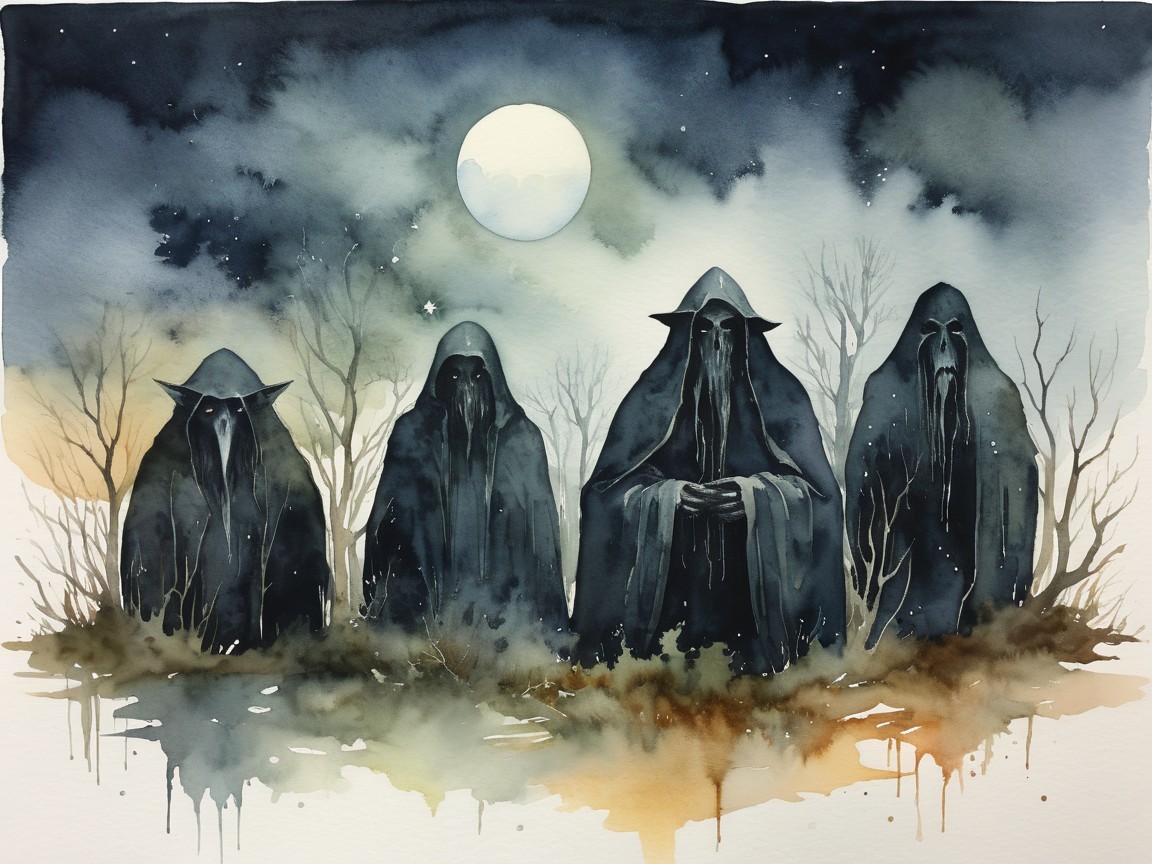 Watercolor of Cloaked Figures in Ethereal Landscape