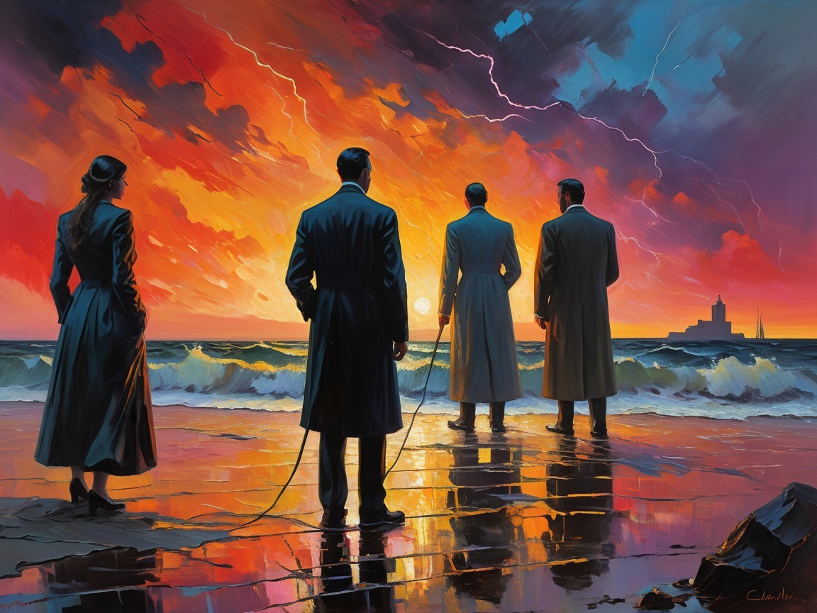 Dramatic Beach Scene at Sunset with Stormy Skies