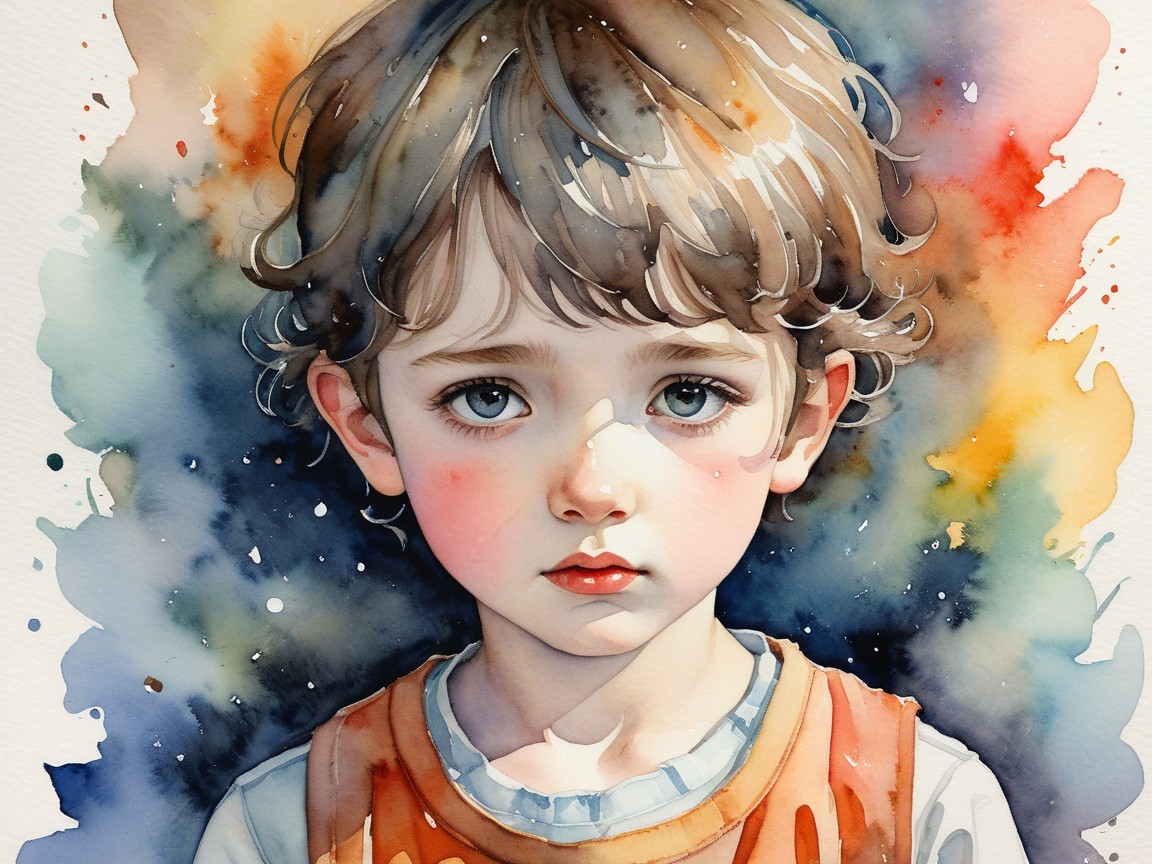 Watercolor Portrait of a Young Boy with Expressive Features