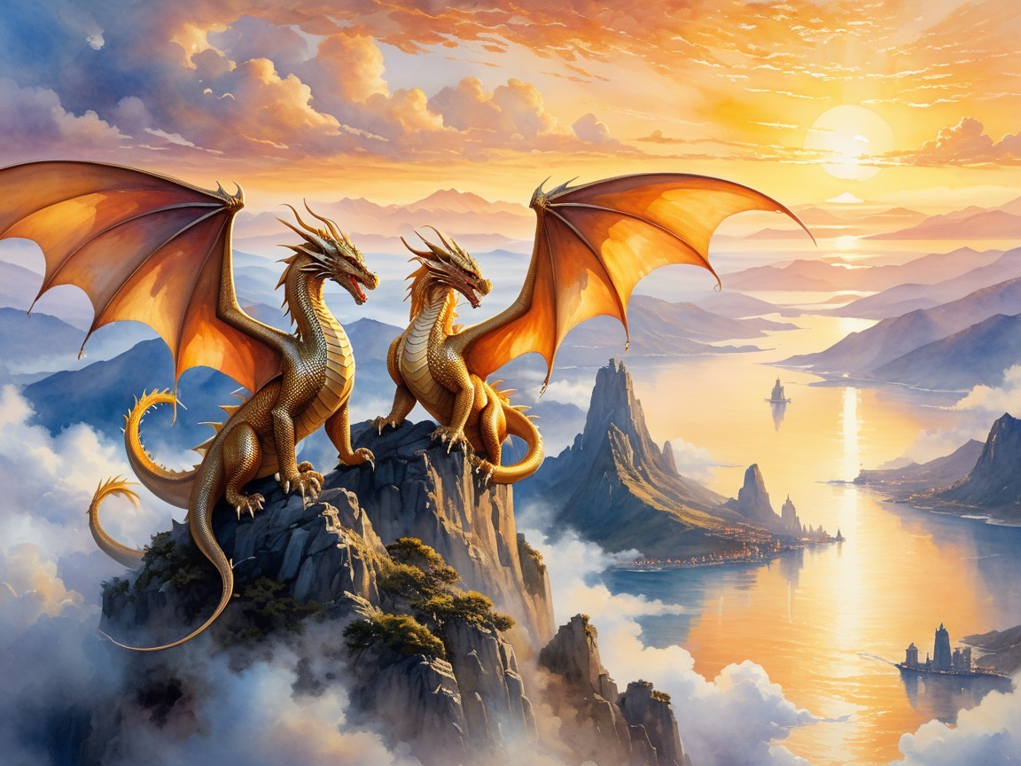Dragons on Cliff Overlooking Sunset Sea and Mountains