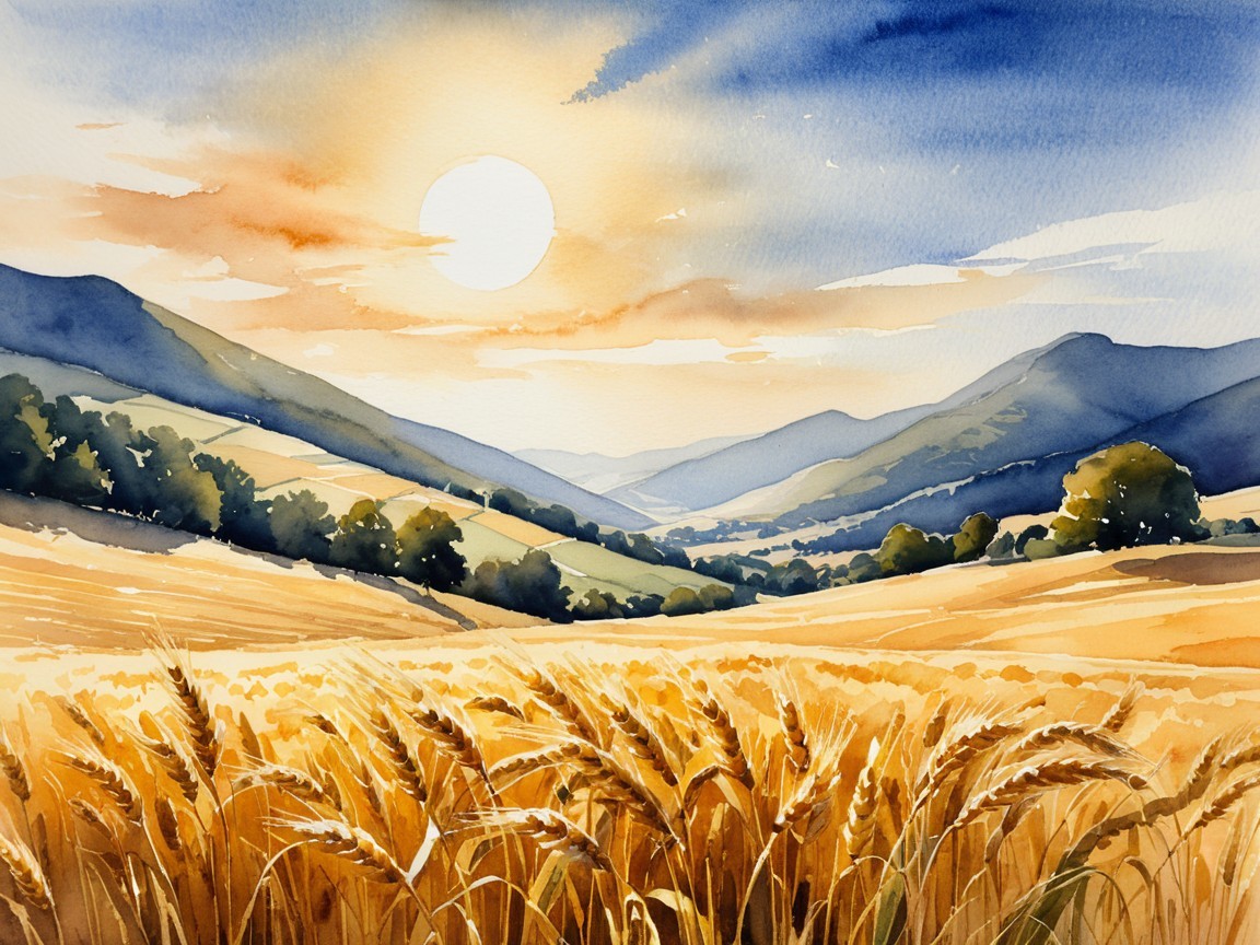 Serene Landscape of Rolling Hills and Golden Fields