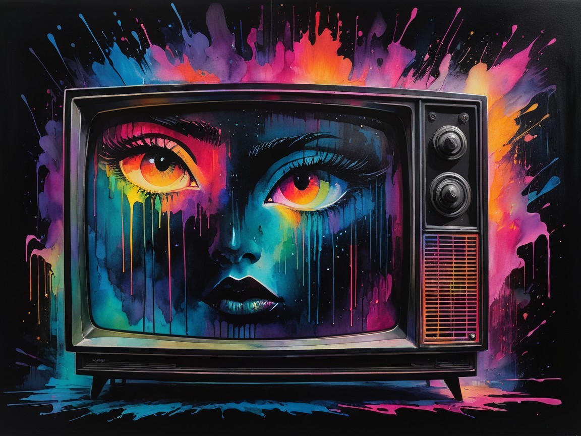 Vintage Television Set with Surreal Face Artwork