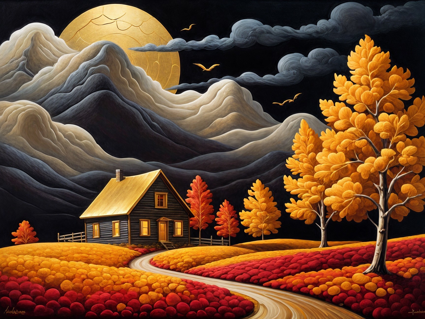 Cozy Black Wooden House in Autumn Landscape