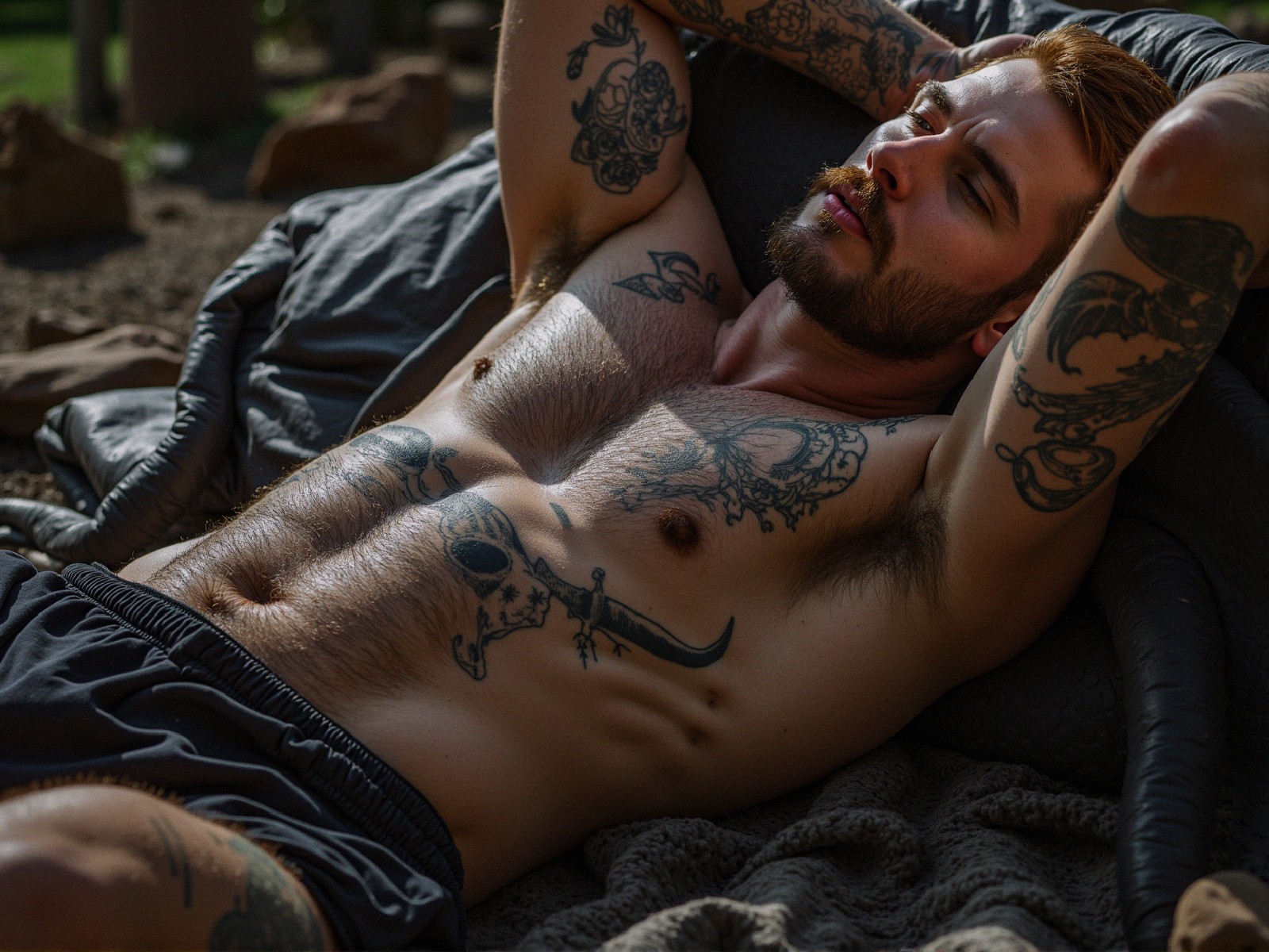 Athletic Man with Tattoos Relaxing Outdoors in Sunlight
