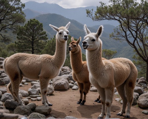 Llamas in Rocky Terrain Surrounded by Trees and Mountains