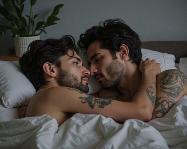 Intimate Scene of Two Men in Bed with White Bedding