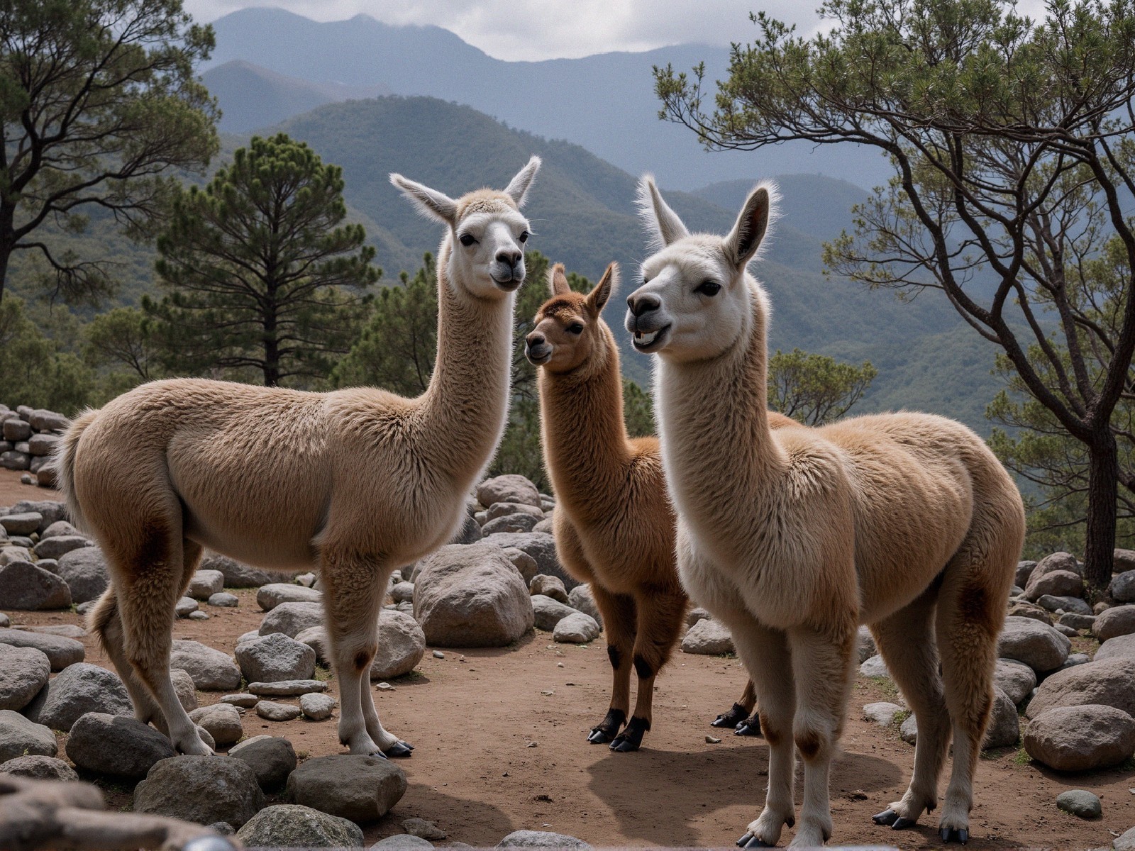 Llamas in Rocky Terrain Surrounded by Trees and Mountains
