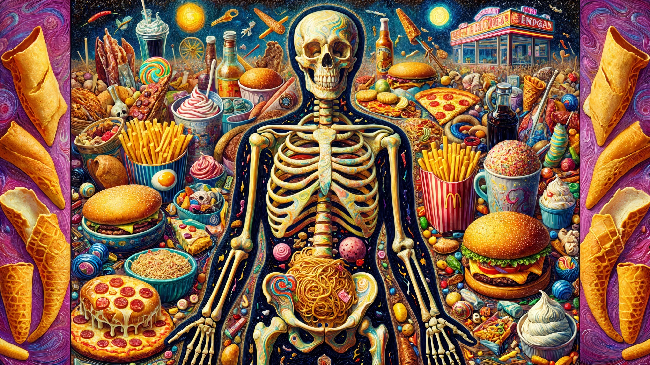 Surreal Skeleton Surrounded by Fast Food Delights