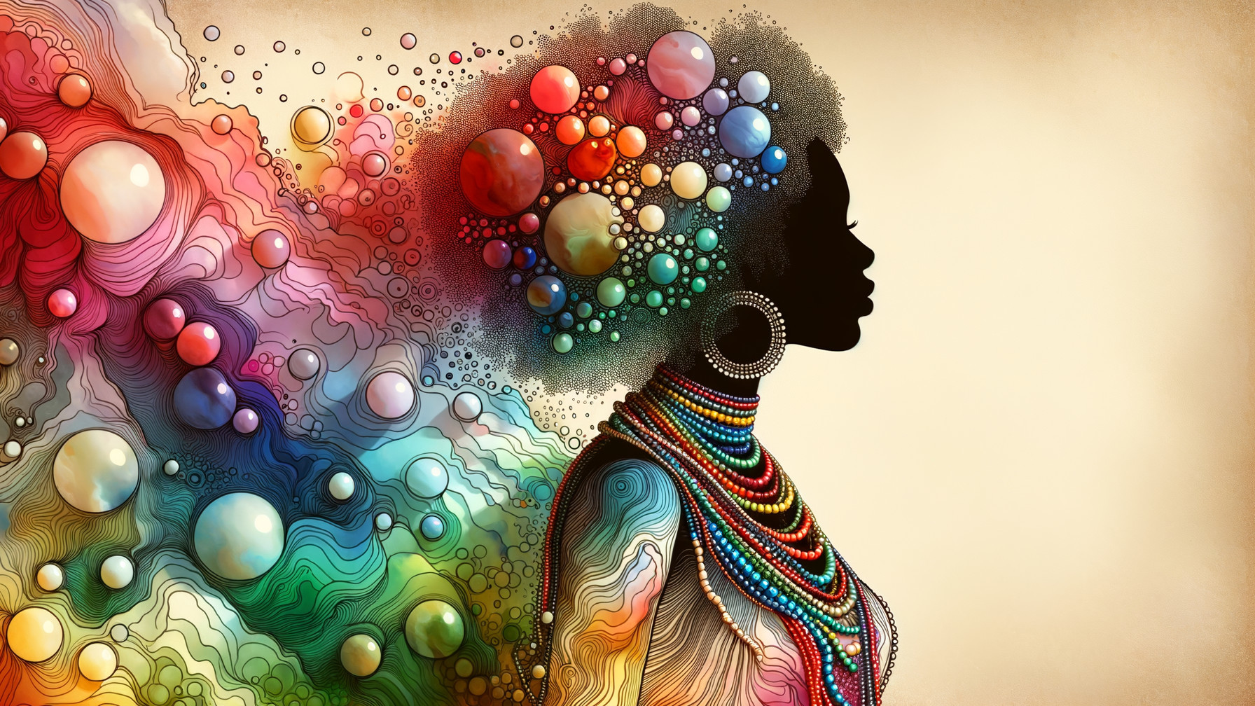 Silhouette of a Woman with Colorful Hairstyle and Necklaces