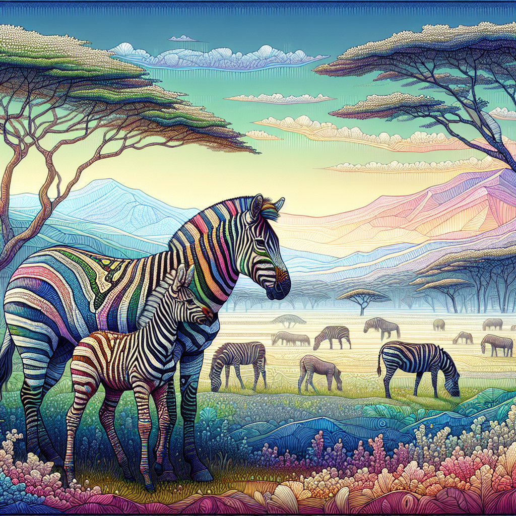 Vibrant Landscape with Abstract Zebras and Flora