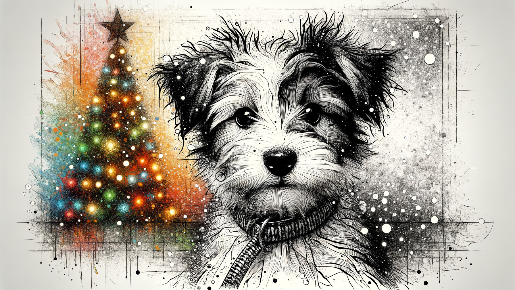 Illustrated Puppy by Colorful Christmas Tree Scene