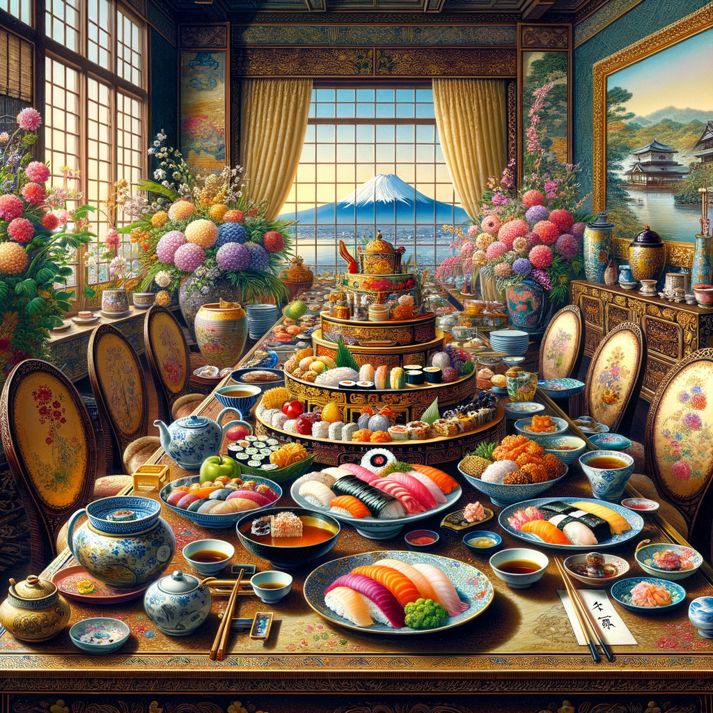 Lavish Dining Room with Sushi and Mount Fuji View